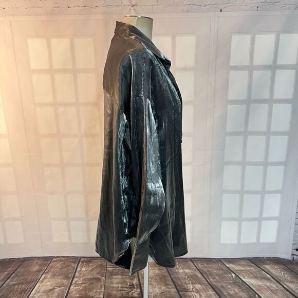 H&M Silver Metallic Long Sleeve Button Down Blouse Top Size Large - Picture 6 of 13